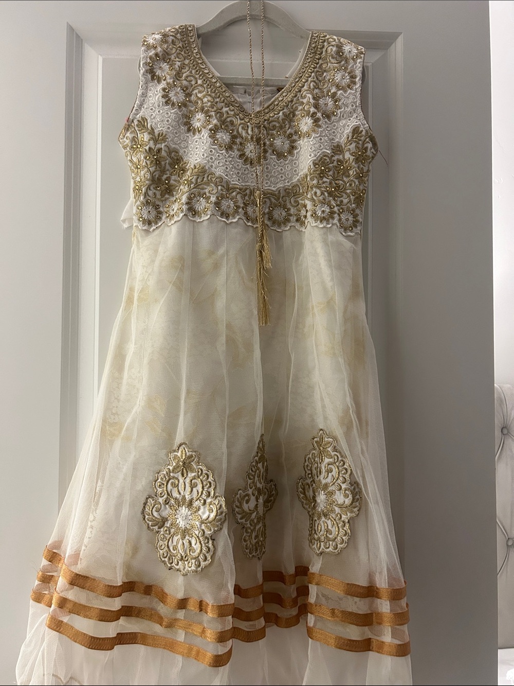 Ivory and Gold Embroidered Sleeveless Dress